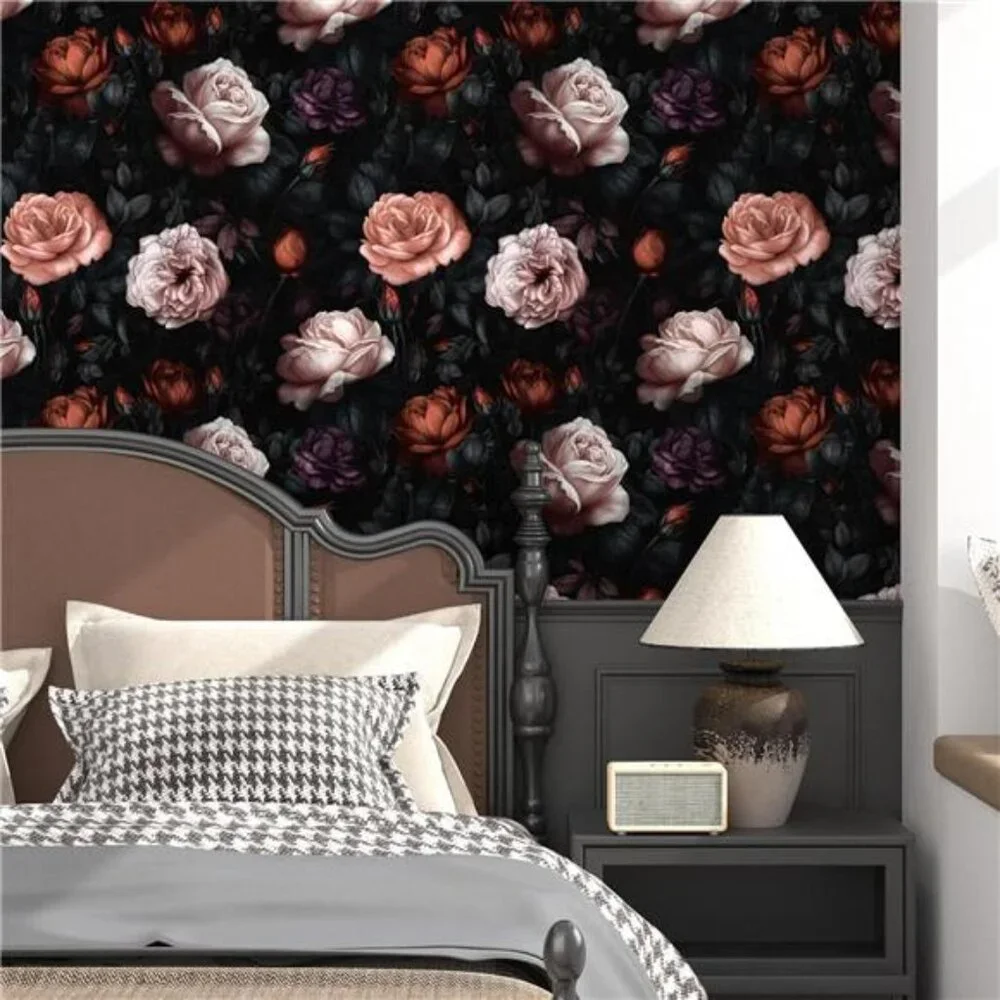 Dark Black Big Peony Floral Contact Paper Retro Wallpaper Peel